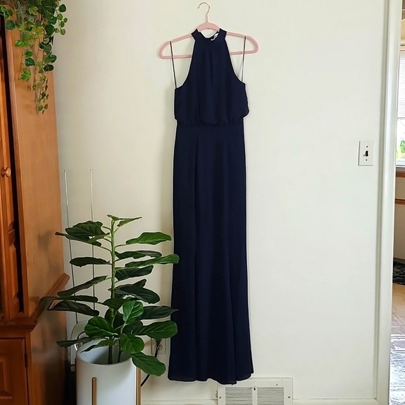 LIKELY Cameron Gown Navy Georgette Blouson Halter Maxi Dress XS - Picture 2 of 10